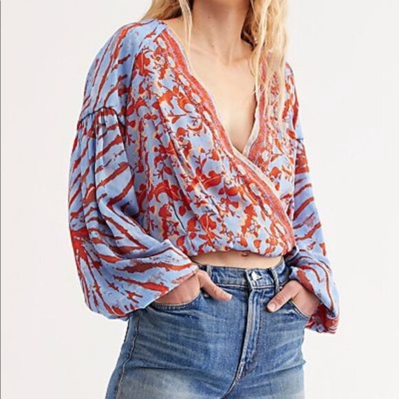 Free People Tops - Free People Cruisin' Together Printed Blouse Blue Womens Size S